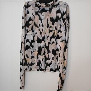 CAbi Black and Cream Floral Long Sleeve Mesh Top Sheer Whimsy Artsy Boho Fairy